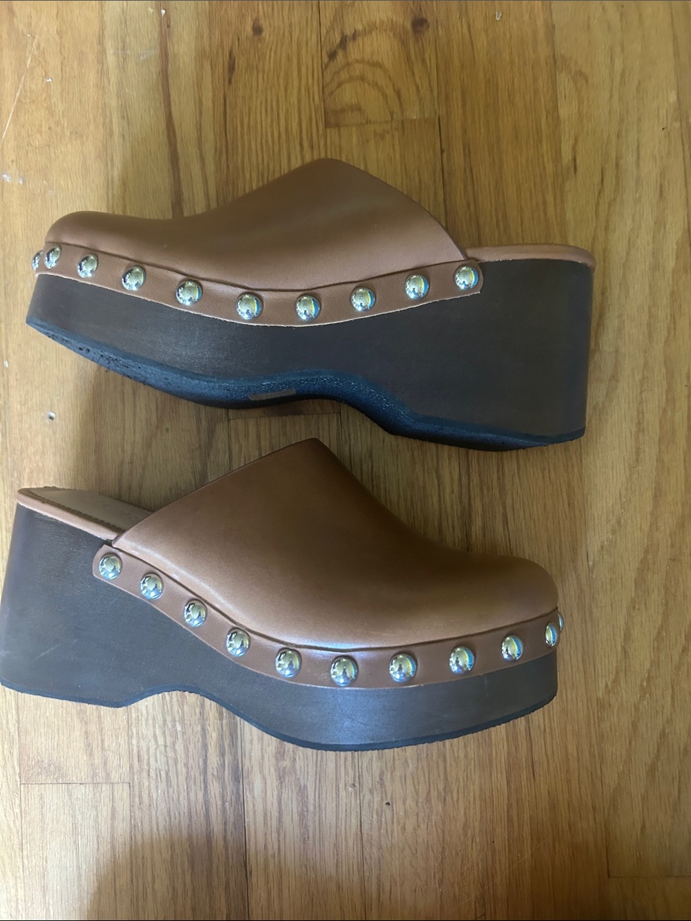 J. Crew Brown Leather Studded Clog Mules